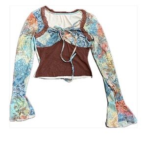 SHEIN Icon Patchwork Tie Front Top XS Boho Y2K Bell Sleeve Lace Trim